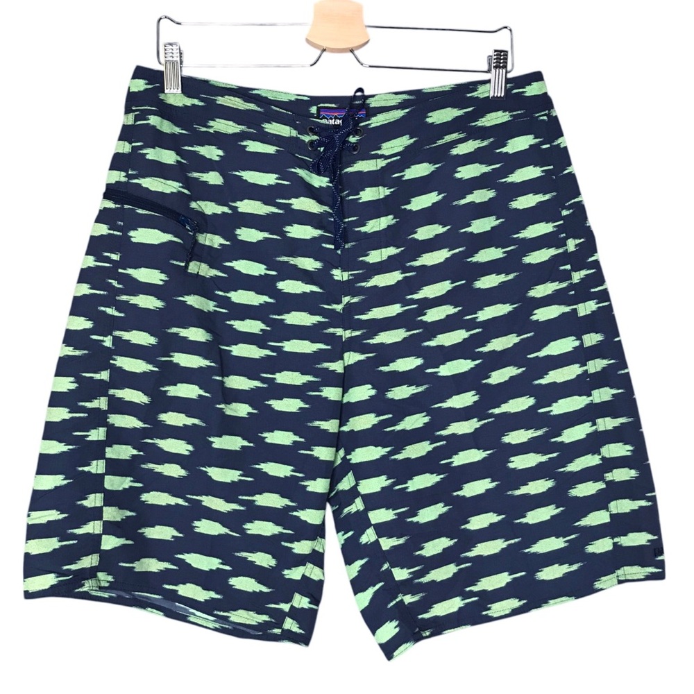 Patagonia Wavefarer Patterned Board Shorts Navy Green Swim Trunks Men's Waist 34